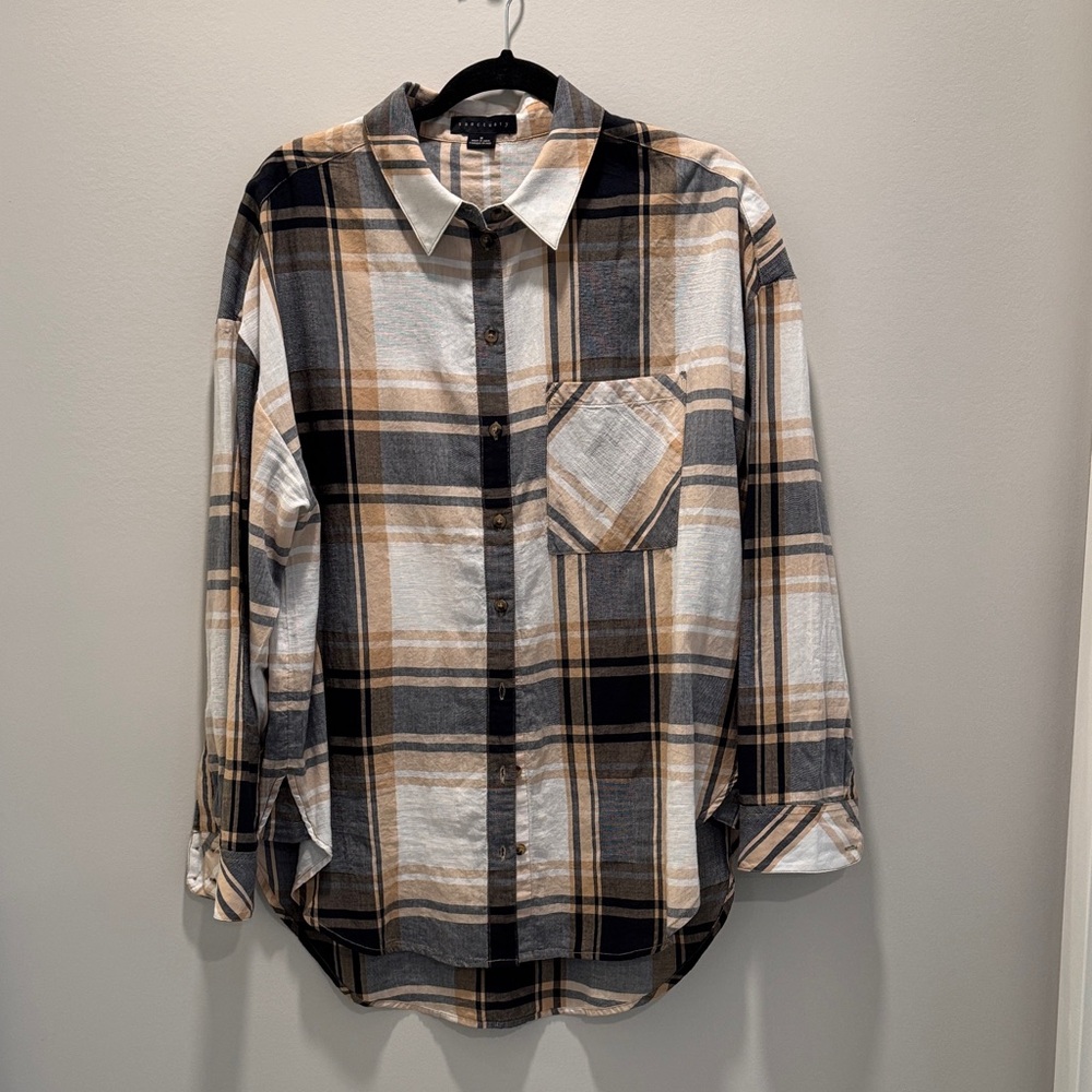 Sanctuary Plaid Button-Down Shirt - Black, White, Tan